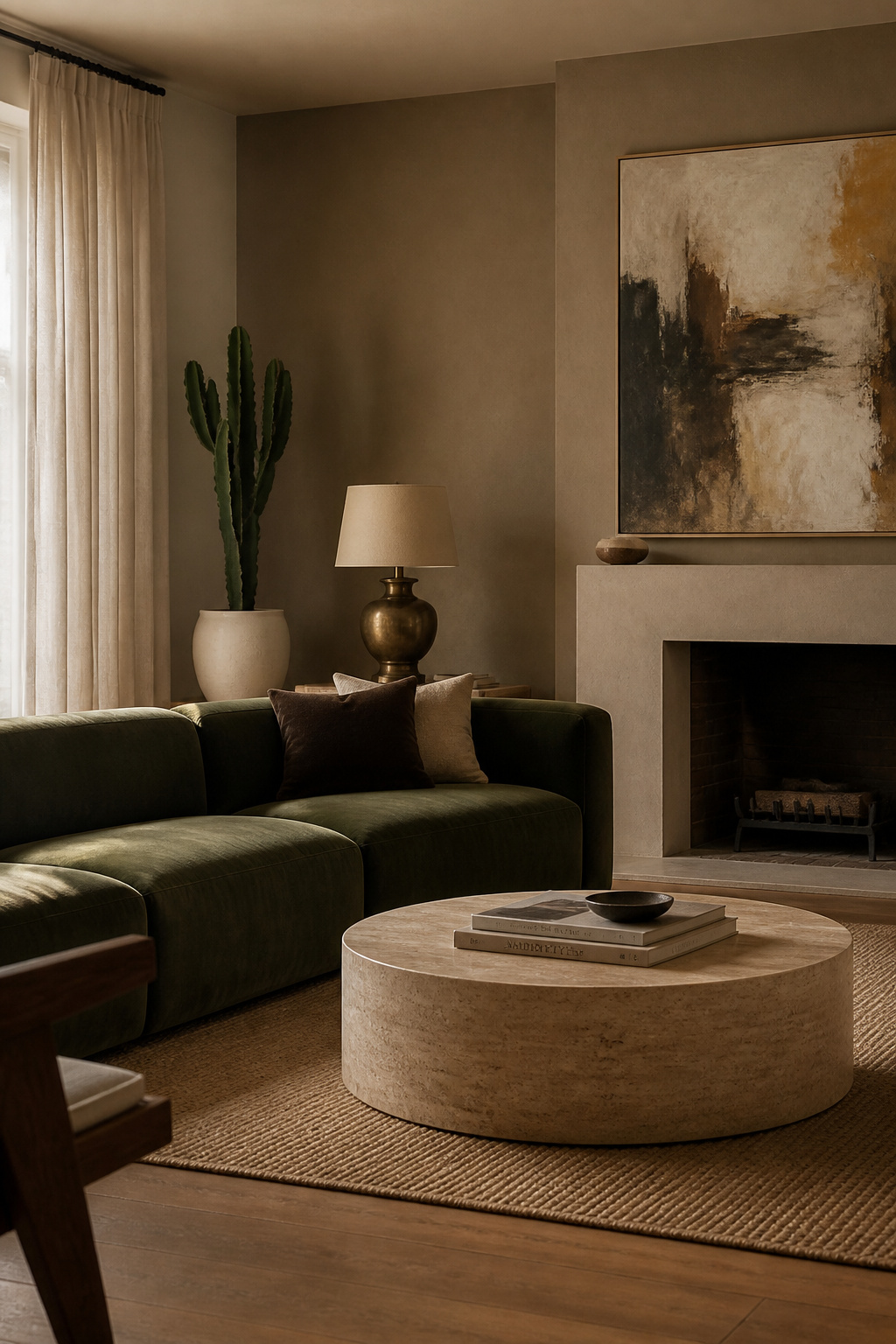 Mushroom walls and forest green velvet create a living room with quiet depth — nothing competing, everything working together in calm cohesion.