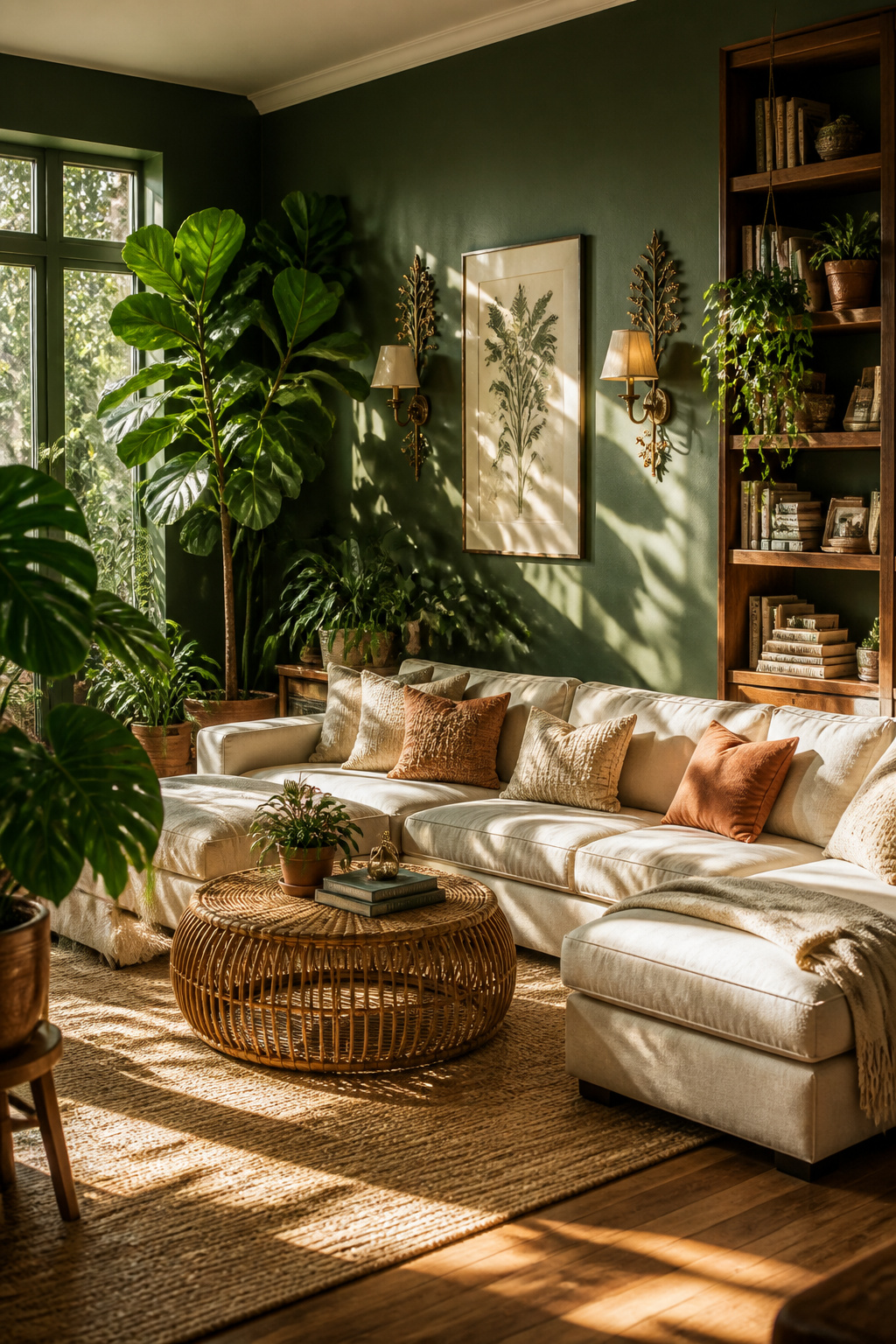 Forest green walls and abundant tropical plants create a biophilic living room that feels like a genuinely restorative environment — quiet, rich, and connected to something real.