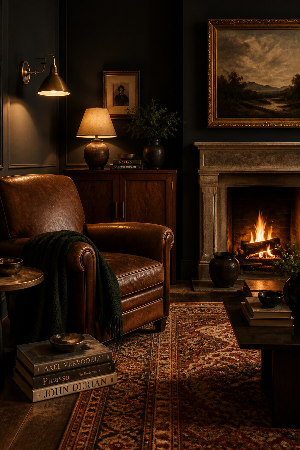 Charcoal walls don't shrink this living room — they make it feel like the most comfortable room in the house, every light source working twice as hard in its warmth.