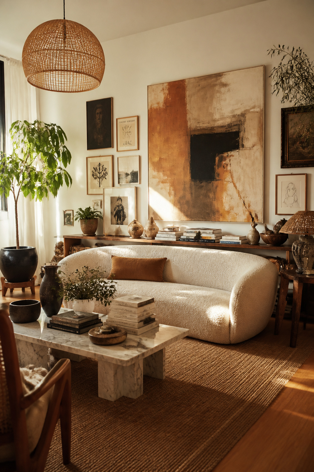 Off-white walls work precisely because they step back — the gallery arrangement, vintage furniture, and collected objects all read more clearly against a wall that knows its role.