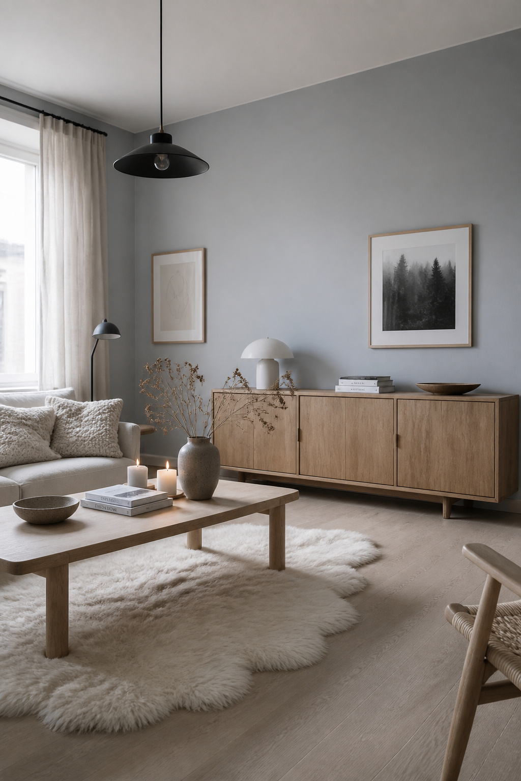 Pale blue-grey walls in a Scandinavian-influenced living room — restrained, tactile, and deeply calm, the whole room an argument for the value of carefully chosen simplicity.