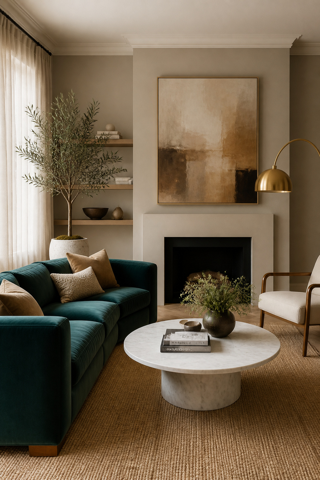 Greige walls provide a sophisticated, timeless backdrop that makes the room's deeper tones — teal velvet, dark wood, abstract art — each read exactly as intended.