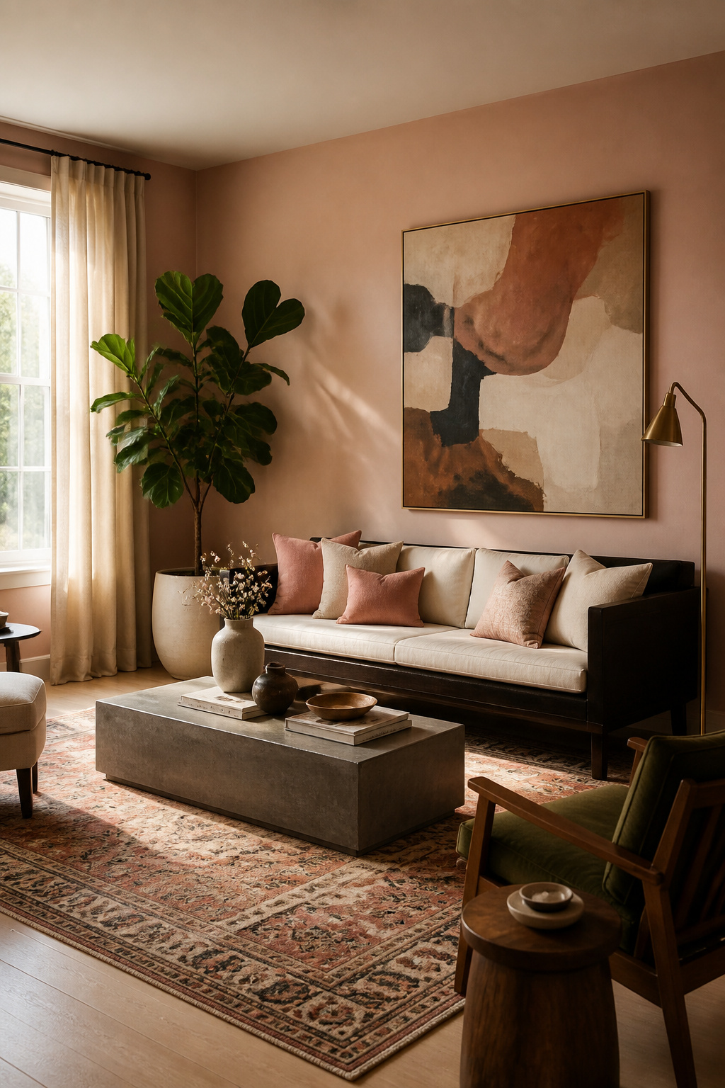 Blush pink walls in a sophisticated living room — grounded by dark walnut, raw concrete, and vintage rug tones that push the palette firmly into adult territory.