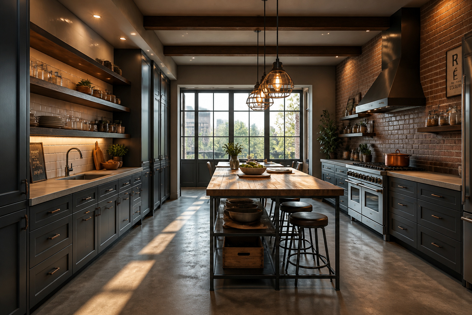 A complete industrial kitchen interior showing the key design elements in context — dark cabinetry, concrete surfaces, exposed brick, stainless range, and cage pendant lighting working together as a coherent whole.
