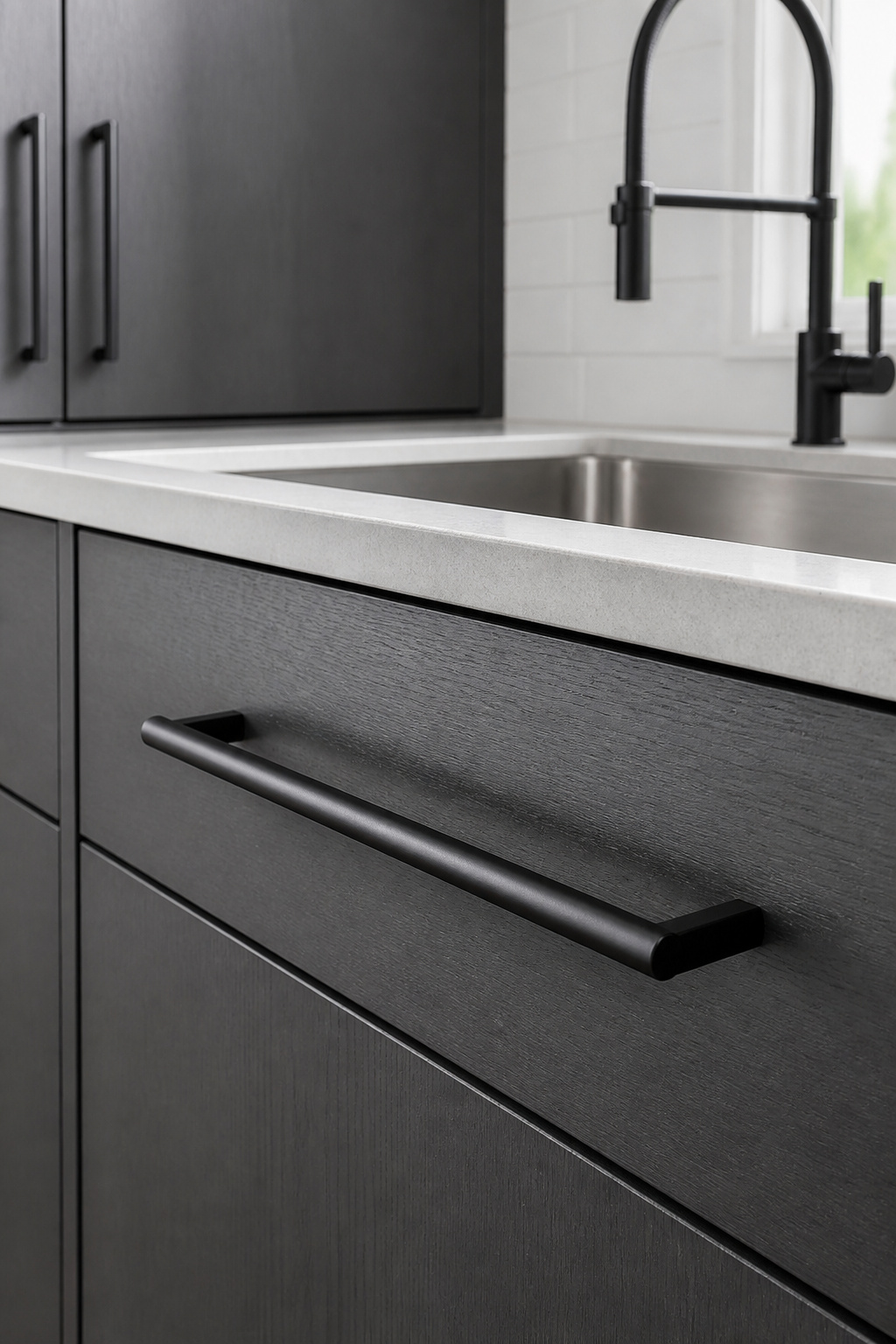 Matte black bar pulls on charcoal cabinetry — the hardware consistency that ties an urban kitchen design together without drawing attention to itself.