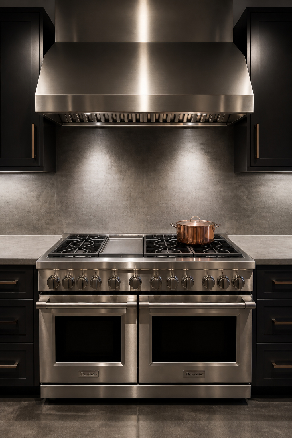 A professional dual-fuel range in brushed stainless set into dark cabinetry — the equipment specification that makes a kitchen feel authentic rather than aspirational.