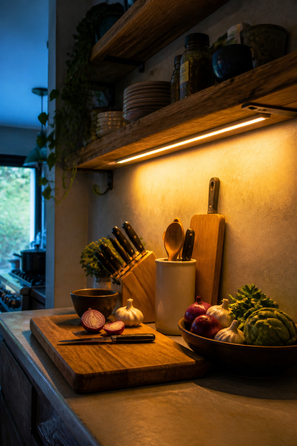 Under-cabinet Edison filament strip lights casting warm light over a concrete prep surface — a small detail that makes a significant difference to how an industrial kitchen feels after dark.