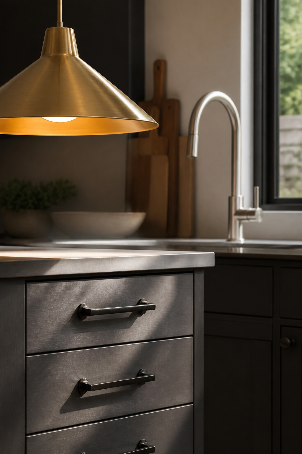 Brushed brass pendant, matte black hardware, and brushed stainless faucet in the same kitchen frame — the rule of three metals working in an industrial kitchen style scheme.