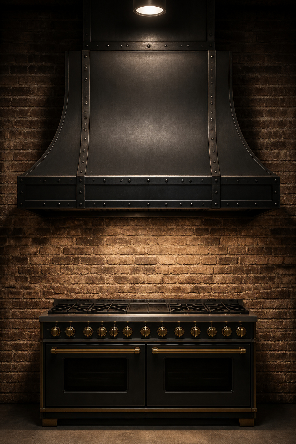 A custom fabricated patinated steel range hood above a 48-inch professional range — the element that most clearly states the ambition of an industrial kitchen when it's done right.