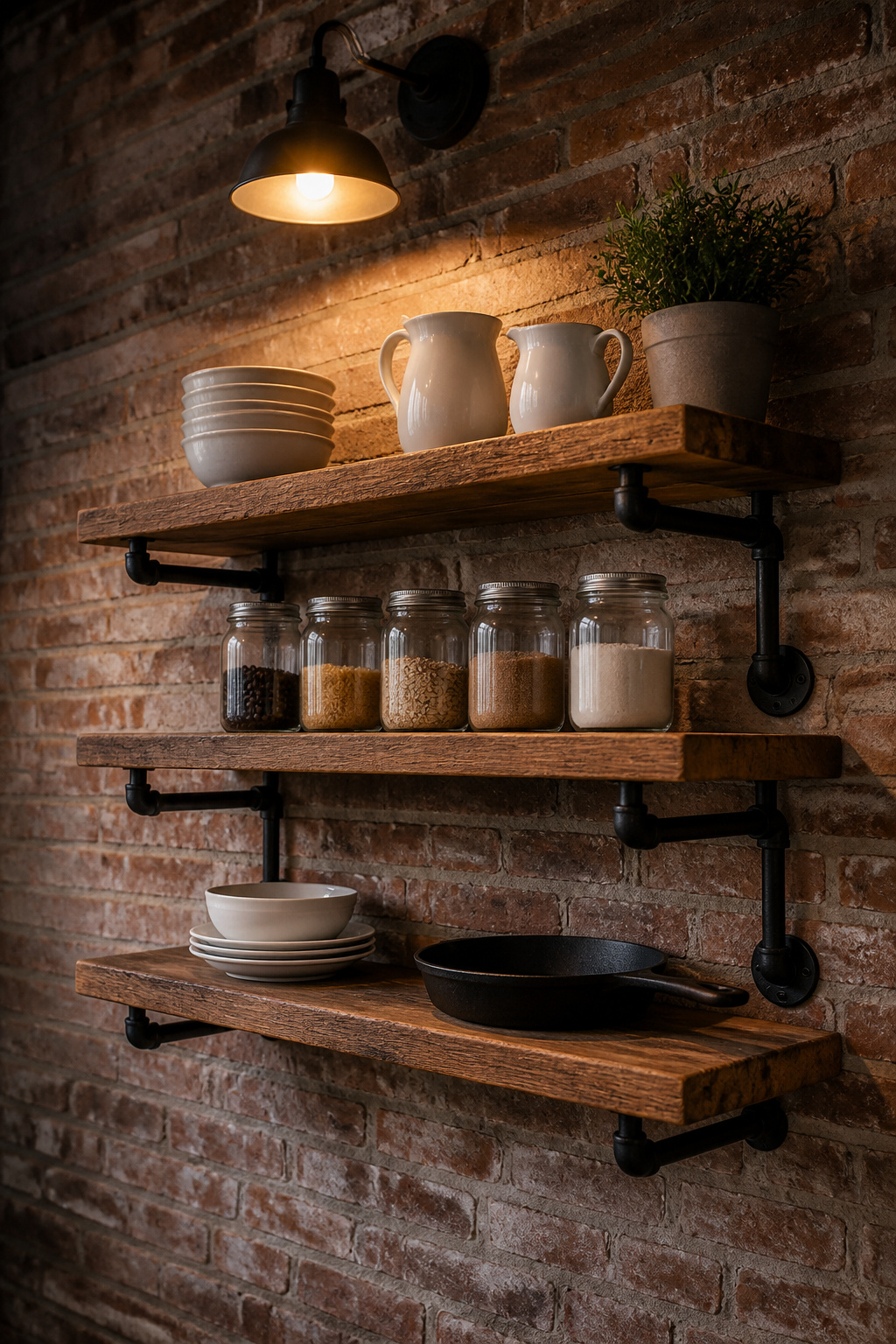 Black iron pipe bracket shelving on exposed brick — functional kitchen storage with the kind of considered detail that makes industrial kitchens feel lived-in rather than staged.