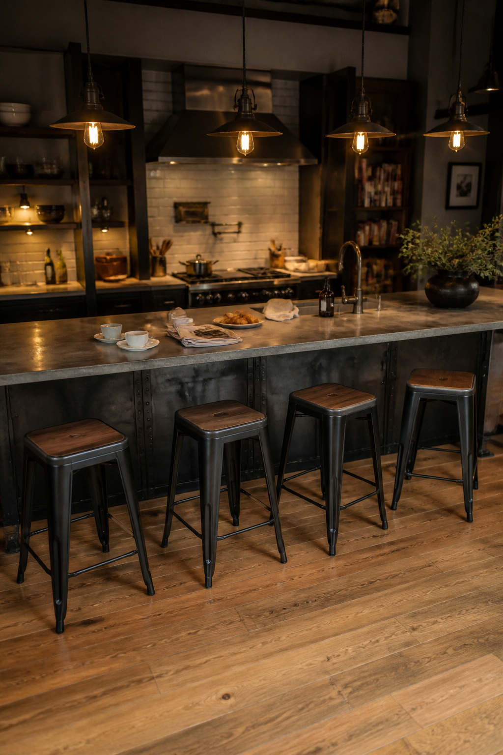 Matte black industrial bar stools at a concrete-and-steel island — the bar-height seating that turns a loft kitchen into the social heart of an open-plan home.
