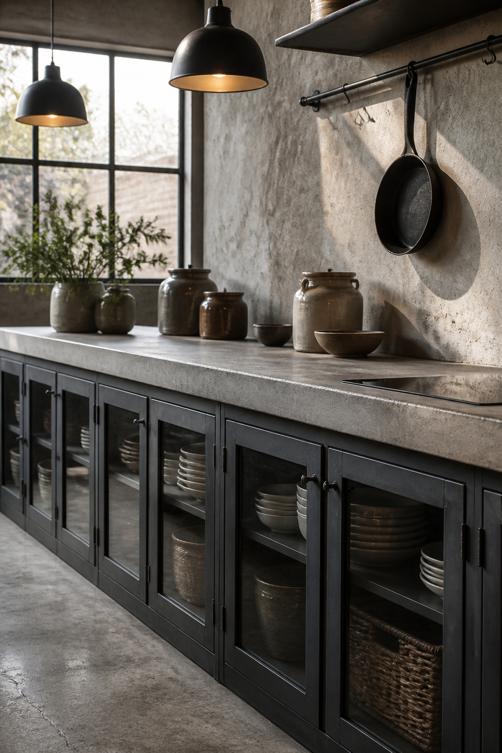 Steel-frame cabinet doors and poured concrete countertops in a residential kitchen — the pairing that defines industrial kitchen design at its most refined.