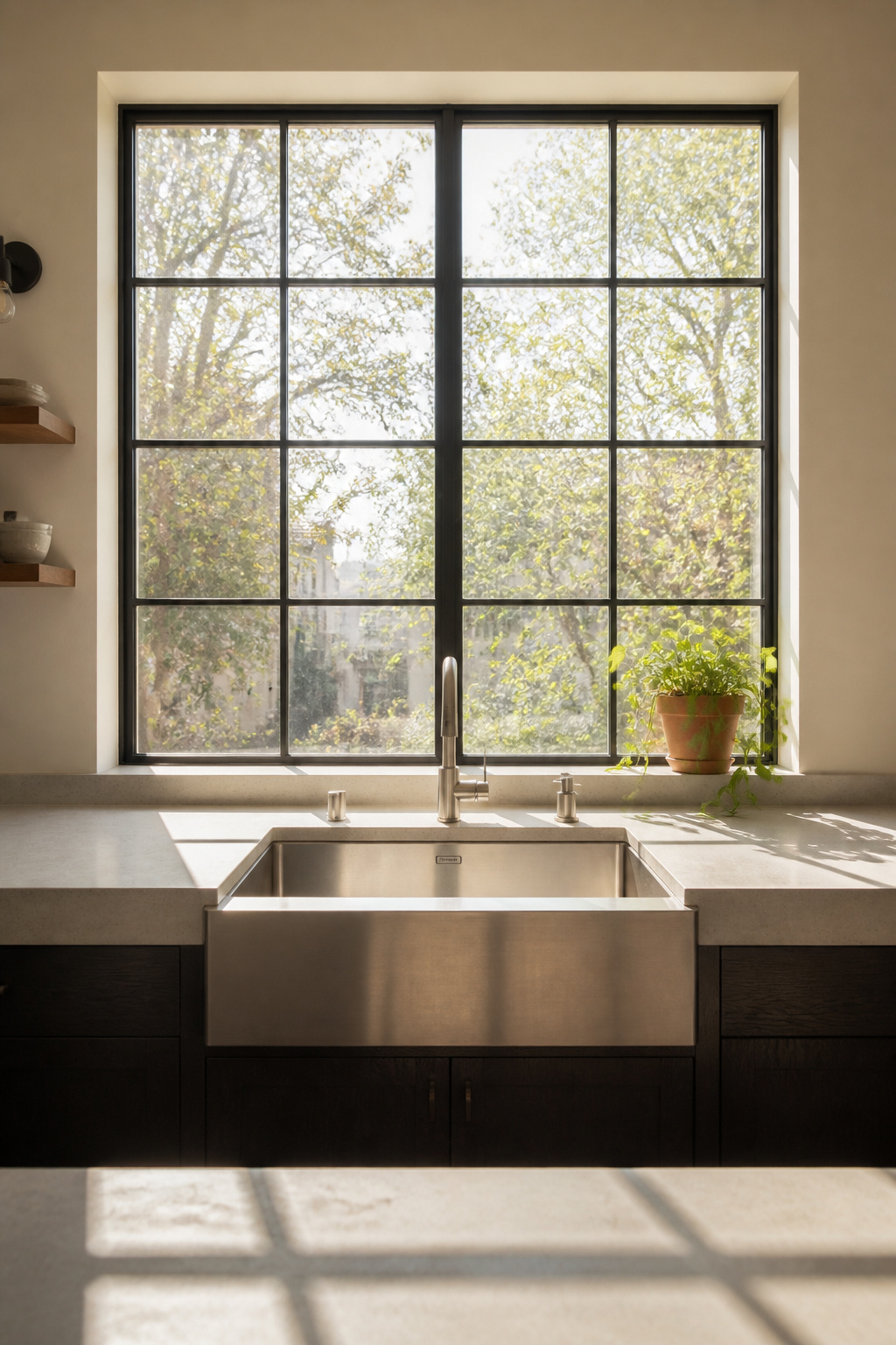 Steel-casement windows with slim black mullions above the kitchen sink — the architectural element that most immediately places a kitchen within industrial design history.
