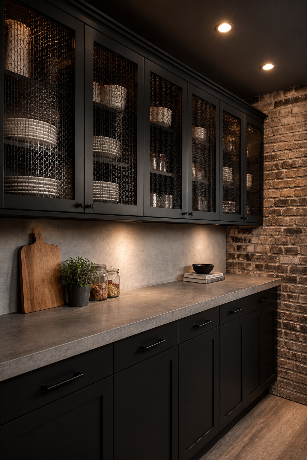 Charcoal cabinets with wire mesh inserts and matte black lowers — the dark palette that lets an industrial kitchen's raw materials take the foreground.