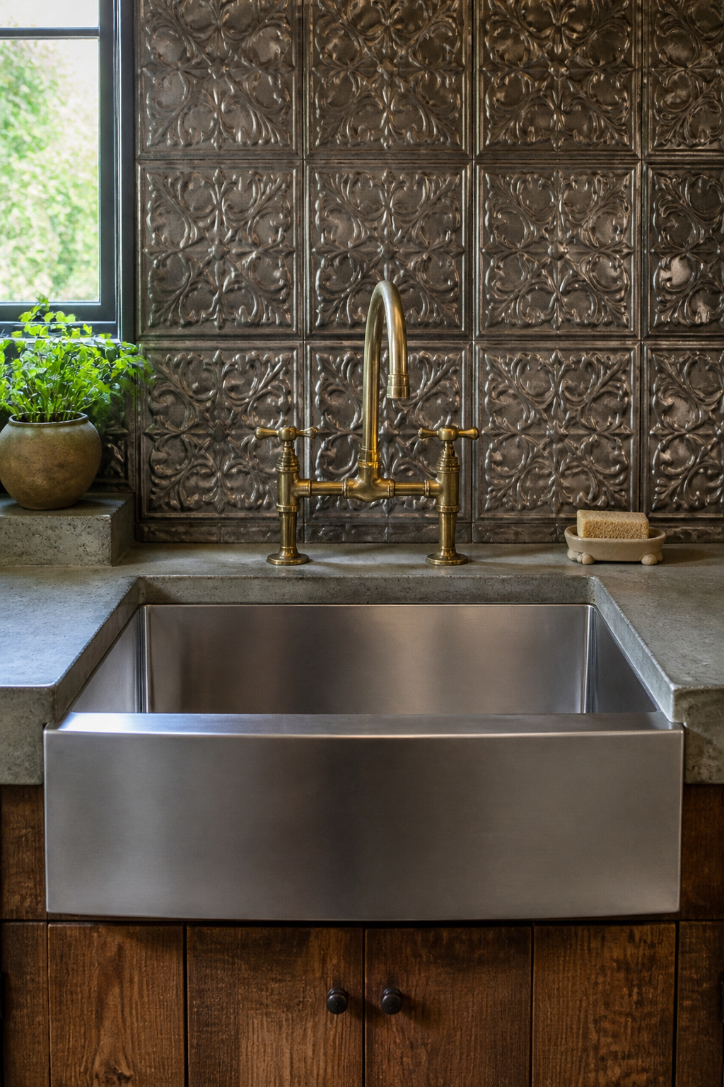 An apron-front stainless sink with a bridge faucet in aged brass — the industrial kitchen fitting combination that balances professional functionality with considered design.