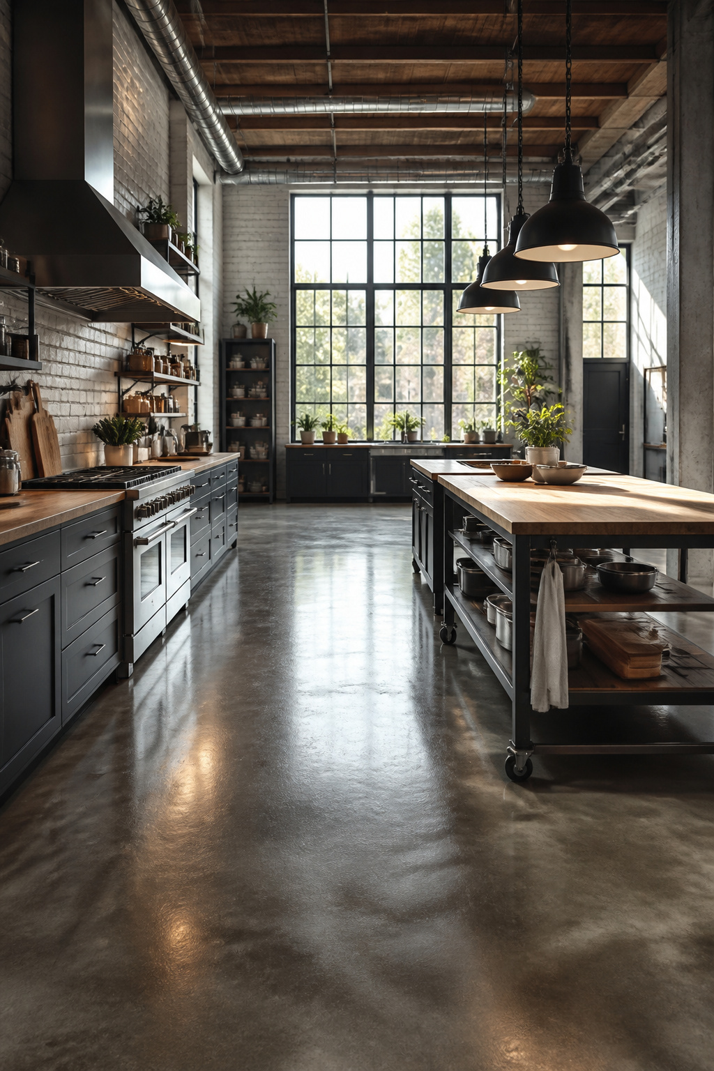 Polished concrete floors in a residential industrial kitchen — the satin sealer picks up natural light while the warm-grey tone keeps the space from reading cold.