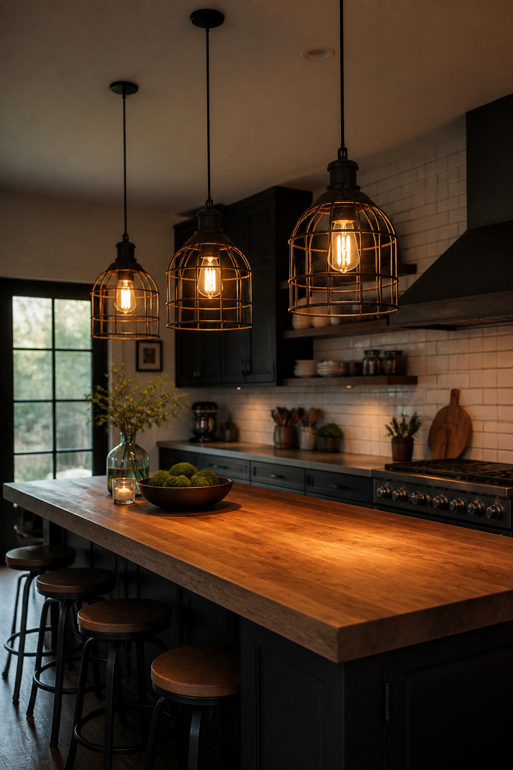 Cage-style industrial pendants over a butcher block island — the right scale, the right hang height, and the warmth that makes an industrial kitchen feel genuinely inviting.
