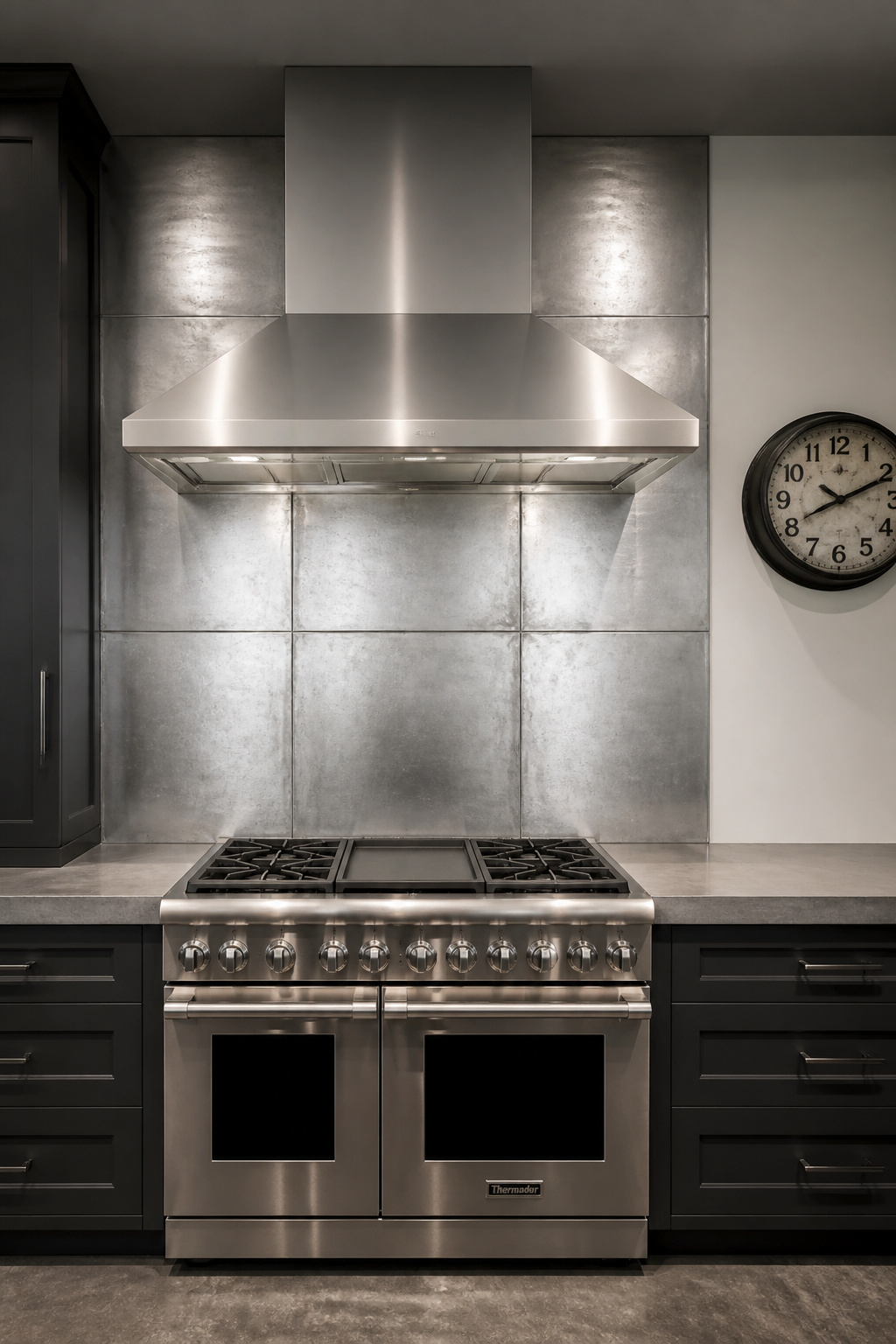 Pressed steel sheet backsplash behind a professional range — an industrial backsplash choice that outperforms subway tile in character and heat resistance.