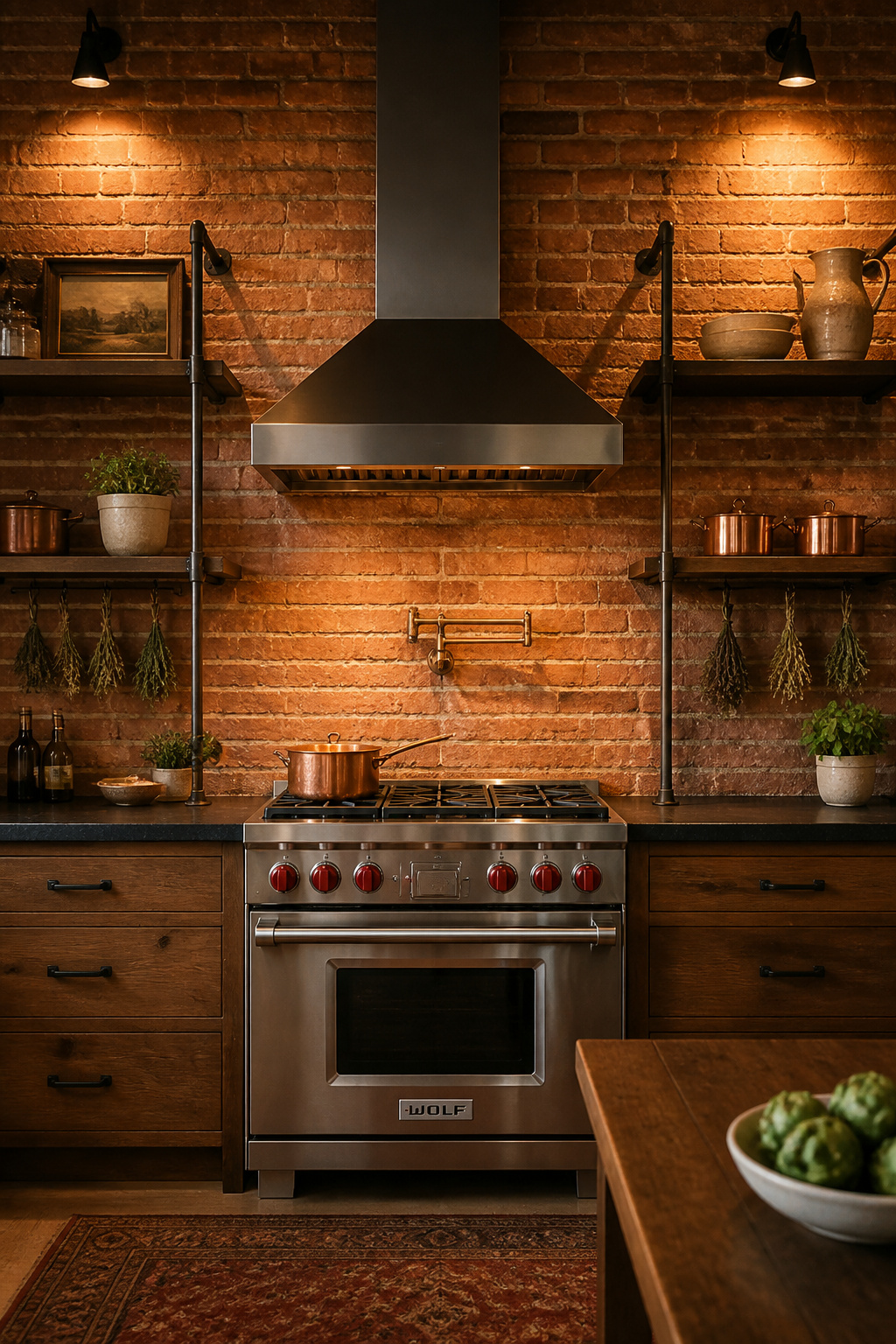 Exposed brick behind the range — the single most impactful material decision in an industrial kitchen scheme, and one that no other surface replicates.