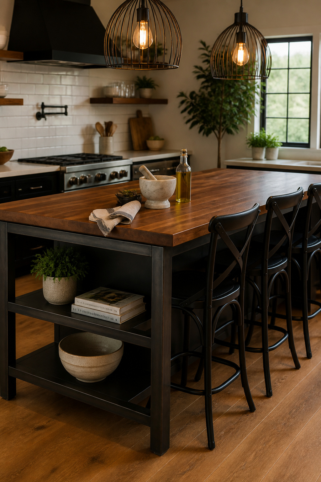 A welded steel base island with thick edge-grain walnut butcher block — the industrial island combination that balances structural character with genuine warmth.