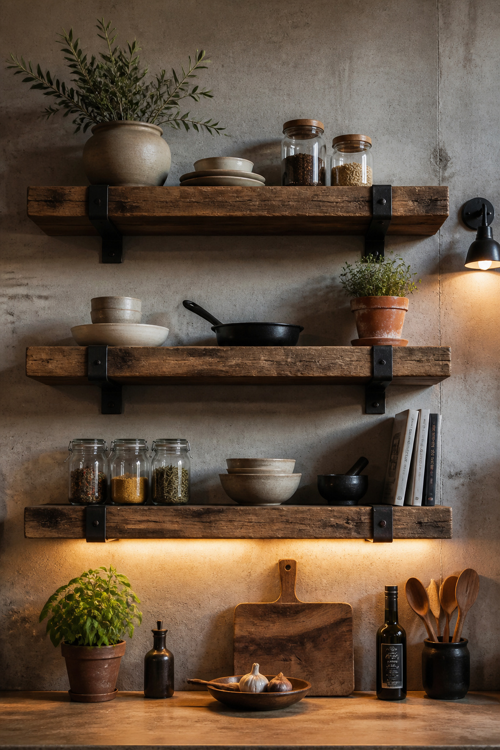 Reclaimed barnwood floating shelves on a concrete wall — the warm material contrast that stops an industrial kitchen from reading as cold or austere.