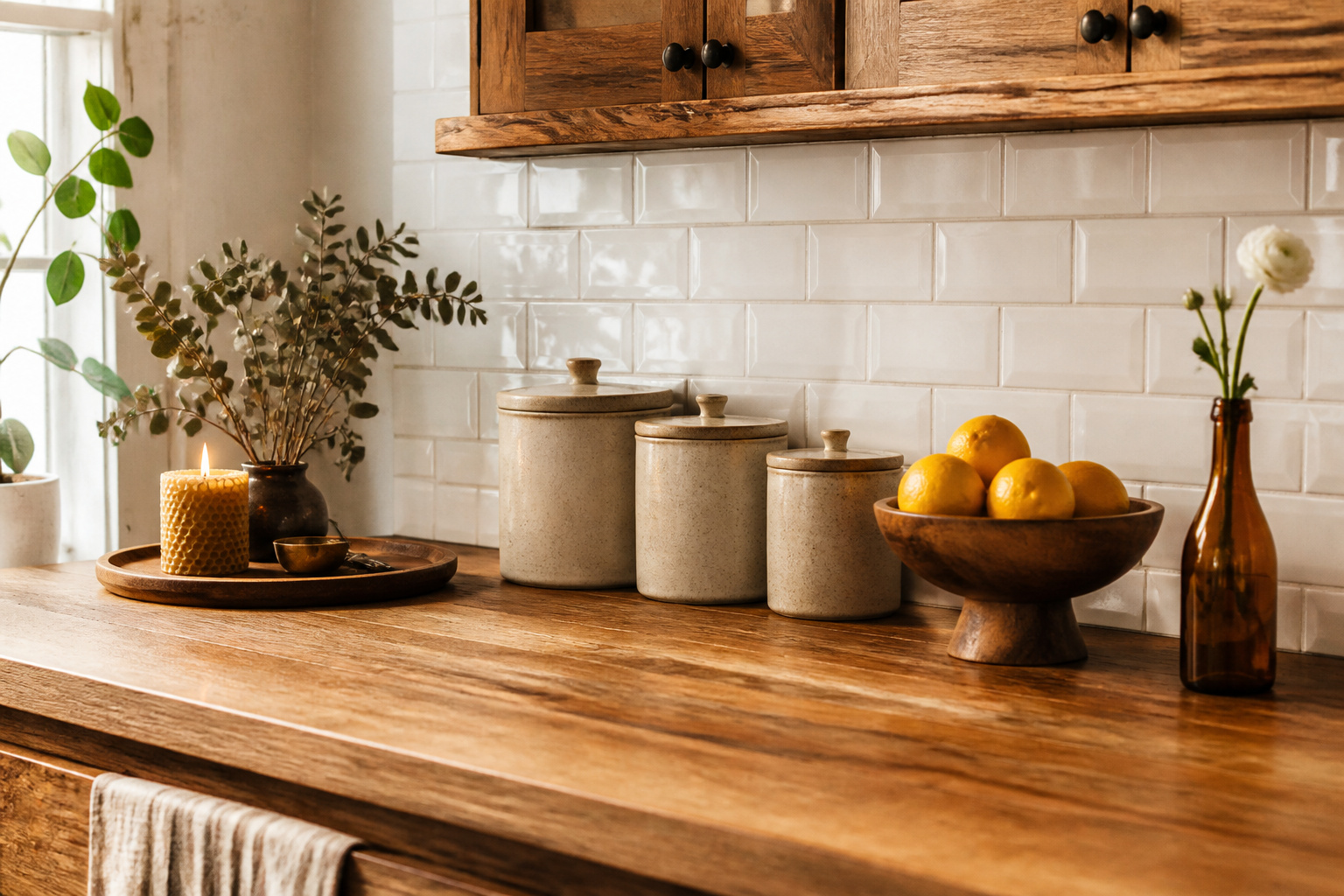 A beautifully curated kitchen counter showing a wood tray grouping, stoneware canisters, a turned wood fruit bowl, and a bud vase in warm morning light — a model of considered kitchen countertop decor.