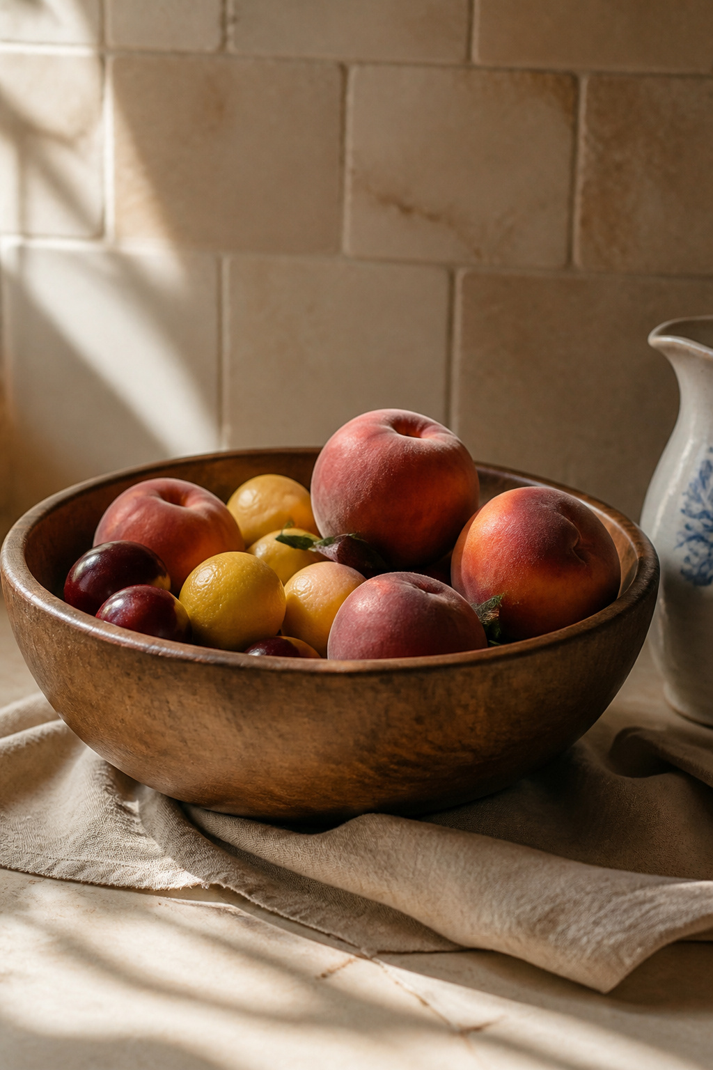 A turned oak fruit bowl filled with seasonal stone fruit and citrus, styled with a linen cloth and a cream tiled backsplash in a warm traditional kitchen.
