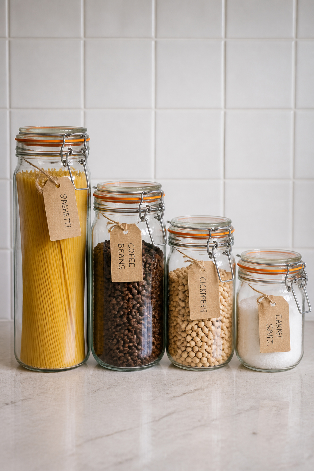 A row of bail-top glass pantry jars holding spaghetti, coffee beans, dried chickpeas, and flaky salt on a light stone counter with kraft paper labels.