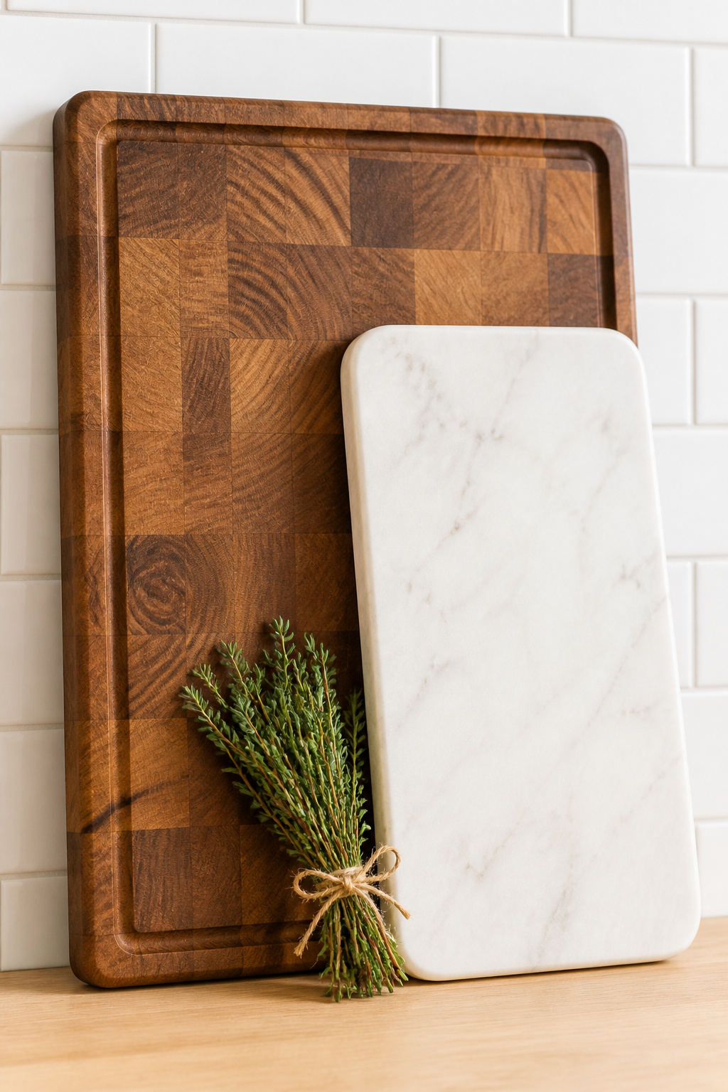 A stacked display of an end-grain walnut cutting board and a marble pastry board leaned against a white tiled backsplash, with a sprig of fresh thyme at the base.