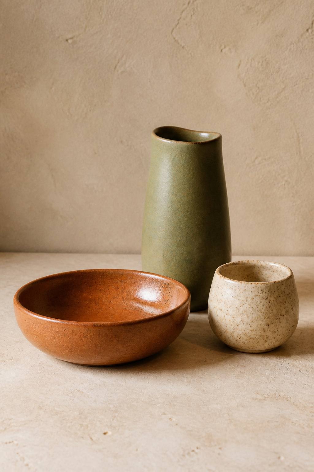 Three handmade ceramic pieces in matte terracotta, sage green, and speckled cream grouped on a light stone counter against a warm plaster wall.