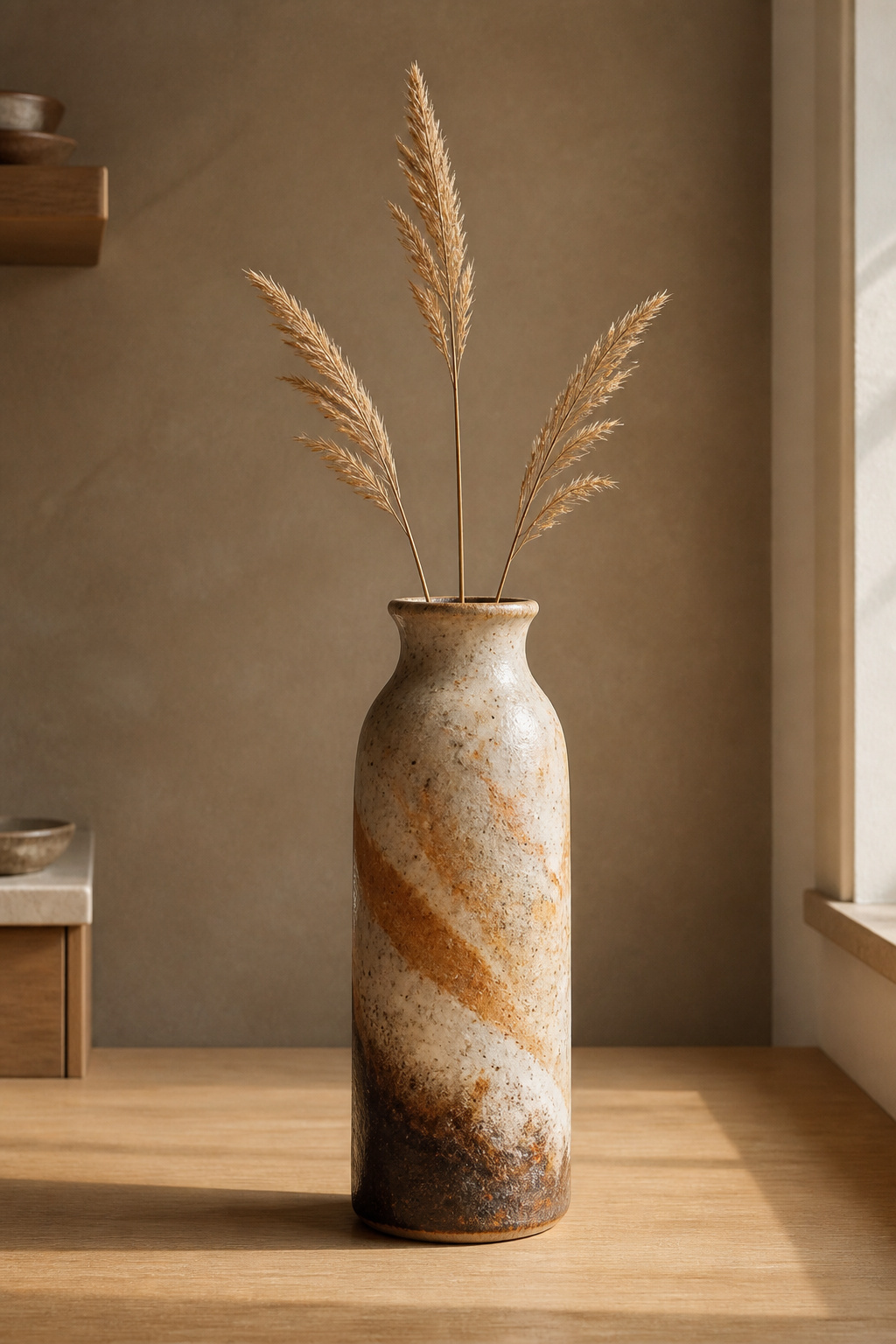 A wheel-thrown stoneware vase in a matte shino-style glaze with dried grass stems, standing alone on a light wood kitchen counter in warm afternoon light.