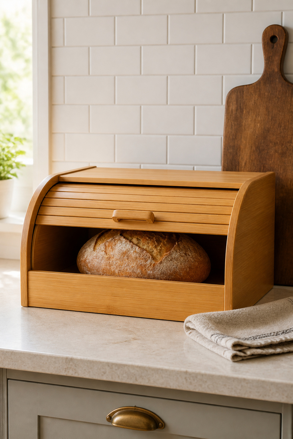 A roll-top bamboo bread box on a light stone counter styled with a linen cloth and a leaning cutting board, sourdough visible inside.