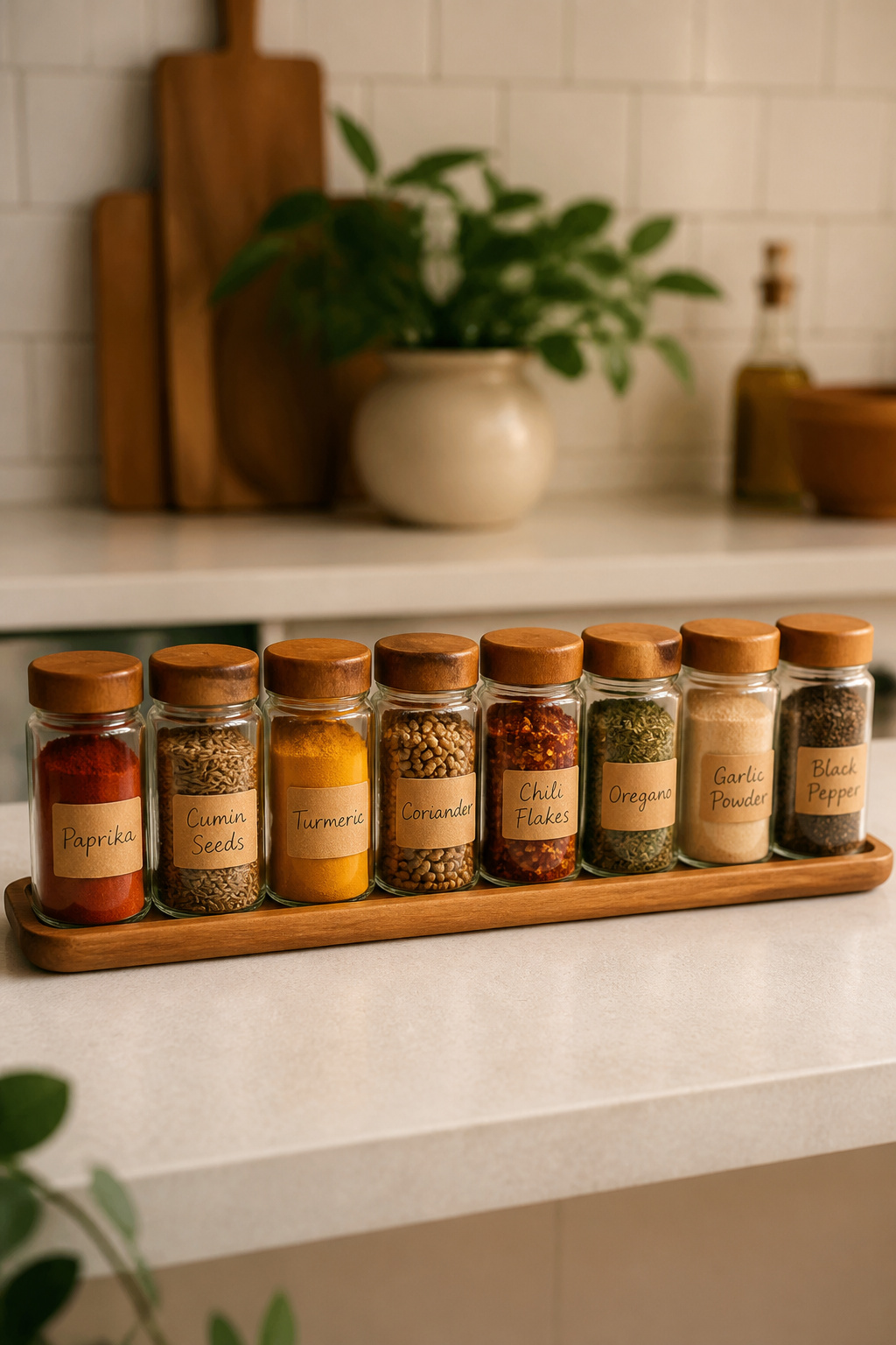 Eight matching glass spice jars with wooden lids and handwritten kraft paper labels on a wooden tray on a light kitchen counter, spice colours visible through the glass.
