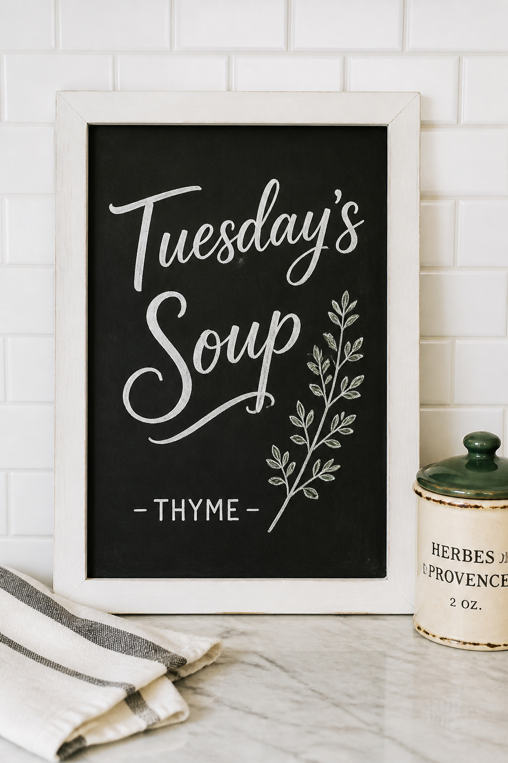 A small framed chalkboard on a kitchen counter backsplash reading "Tuesday's Soup" with a thyme illustration, beside a vintage canister and linen cloth.