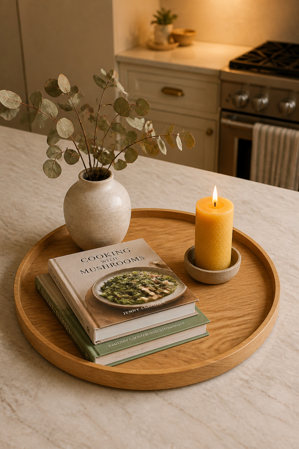 A round natural wood serving tray on a light stone kitchen counter styled with dried eucalyptus in a ceramic vase, a lit beeswax candle, and two stacked cookbooks.