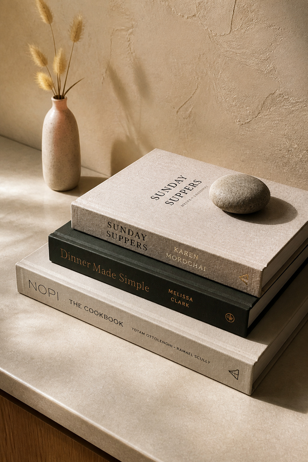 A styled kitchen counter cookbook stack with a linen-covered volume on top, finished with a smooth river stone, against a warm plaster wall.