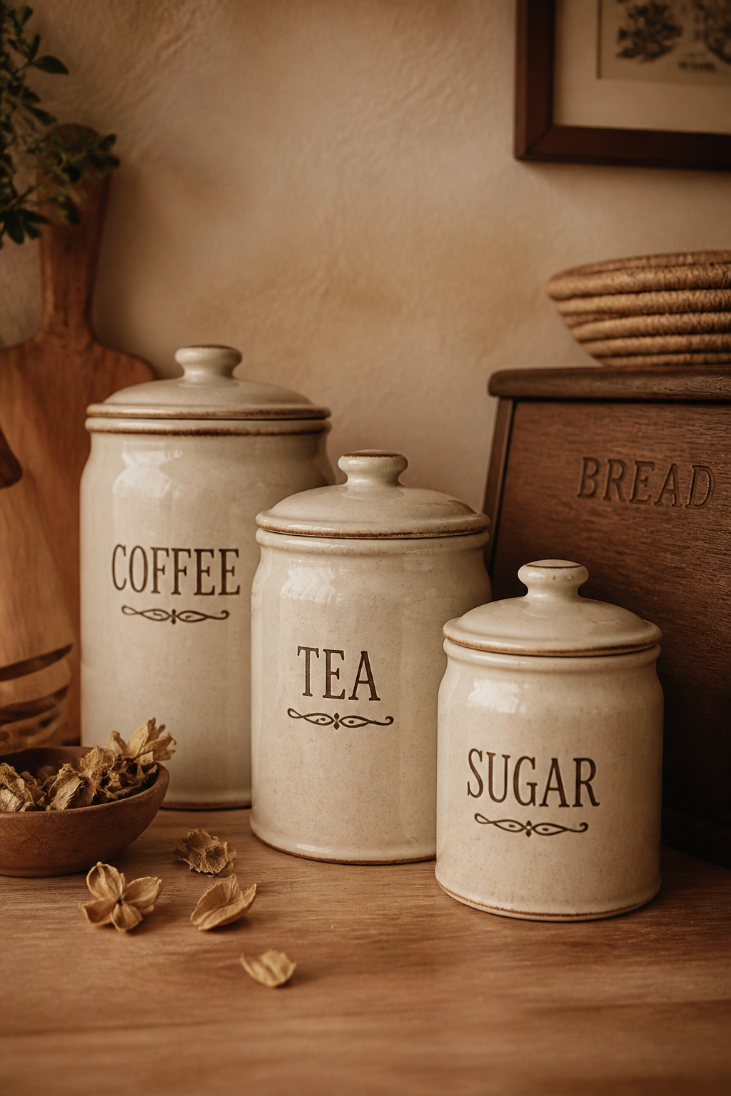 A trio of cream stoneware canisters labelled Coffee, Tea, and Sugar on a warm wooden kitchen counter with dried botanicals in soft afternoon light.