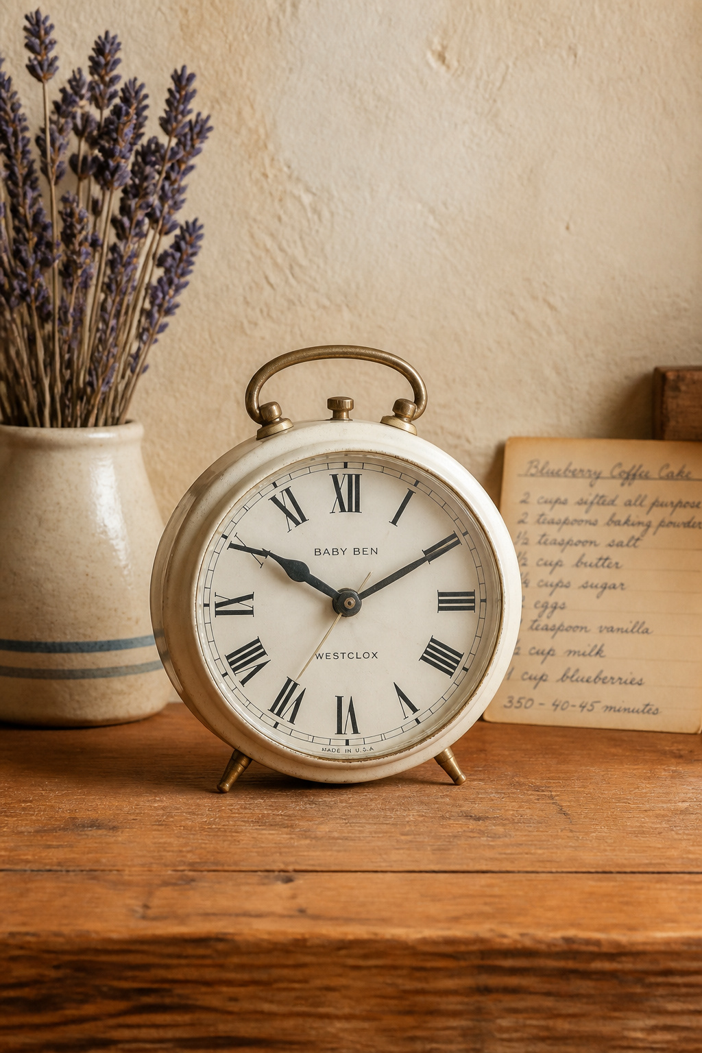 A vintage cream Westclox Baby Ben clock on a wooden kitchen counter beside dried lavender and a handwritten recipe card, warm plaster wall behind.