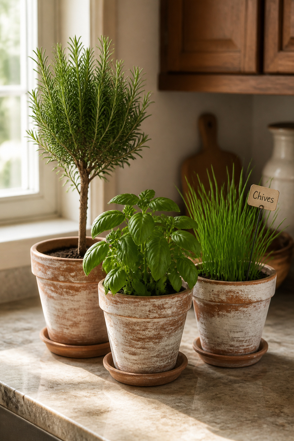 Reclaimed terracotta pots holding rosemary, basil, and chives grouped on a kitchen counter, with aged pot surfaces and handwritten label stakes.