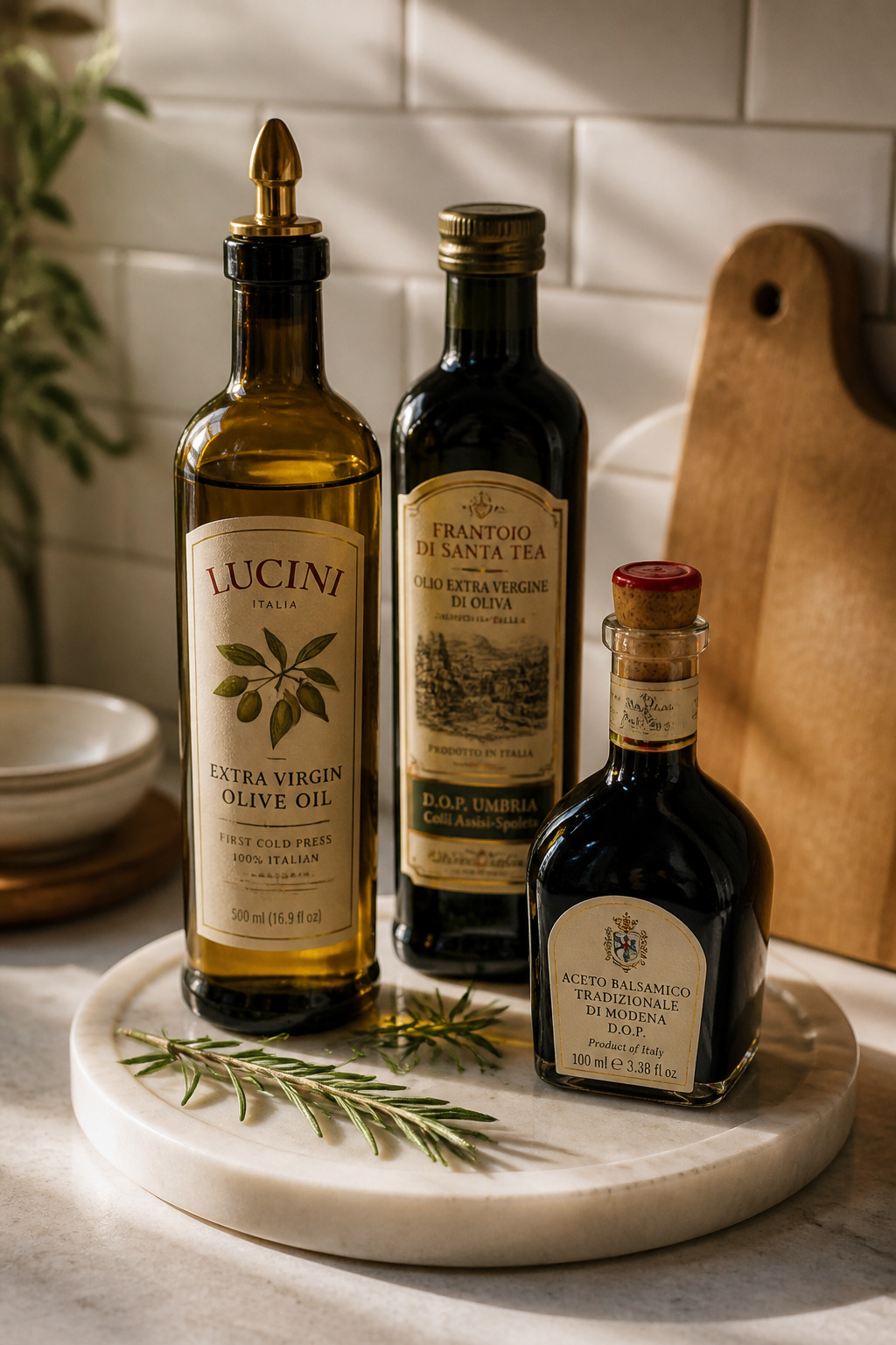 Three artisan oil and vinegar bottles grouped on a small marble tray on a light kitchen counter, with a sprig of rosemary as an accent.
