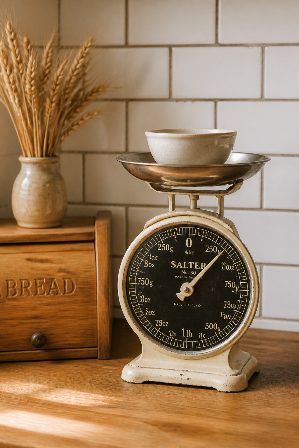 A vintage cream Salter dial scale on a warm kitchen counter beside a wooden bread box and a bud vase of dried wheat stalks, white subway tile behind.