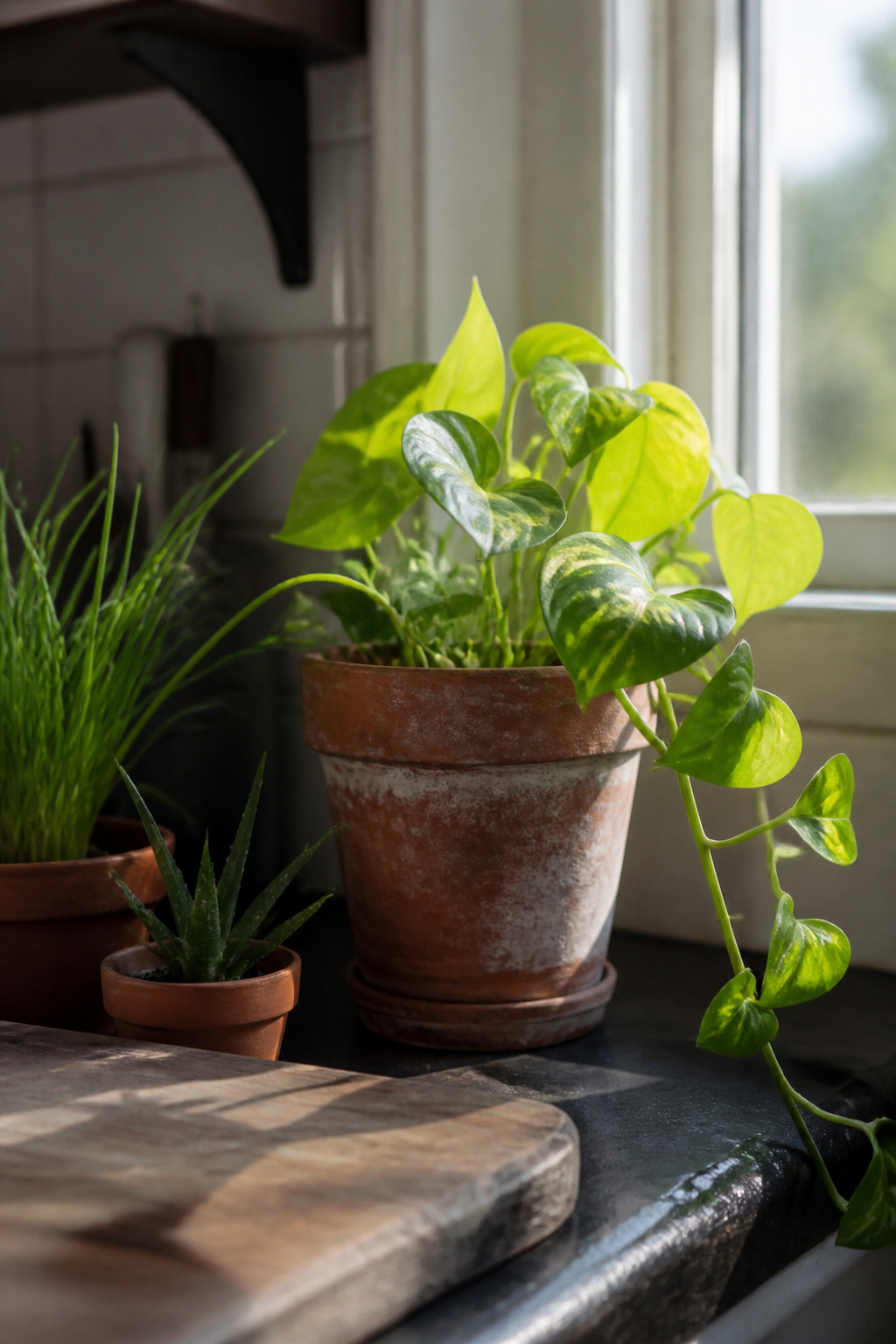 A golden pothos in an aged terracotta pot on a kitchen counter corner, grouped with a small aloe and chives, morning window light illuminating the trailing leaves.