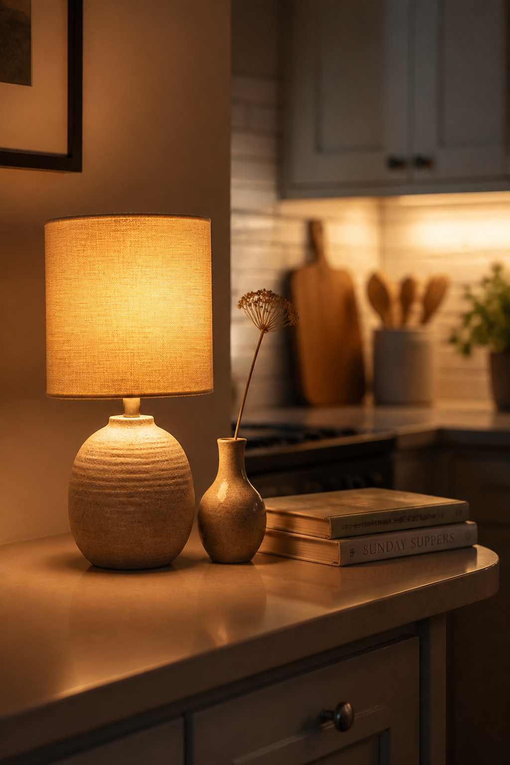 A small ceramic table lamp with a linen shade on a kitchen counter corner at dusk, casting warm light beside a bud vase and cookbooks.