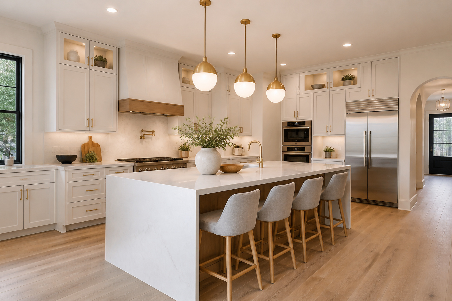 A contemporary kitchen island with waterfall quartz and integrated bar seating — the anchor of a well-planned kitchen.