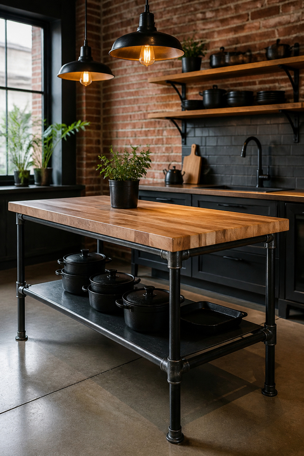 A hand-welded steel frame island with a 1.5-inch maple butcher block top — one of the most practical kitchen island ideas for urban and industrial-style kitchens.
