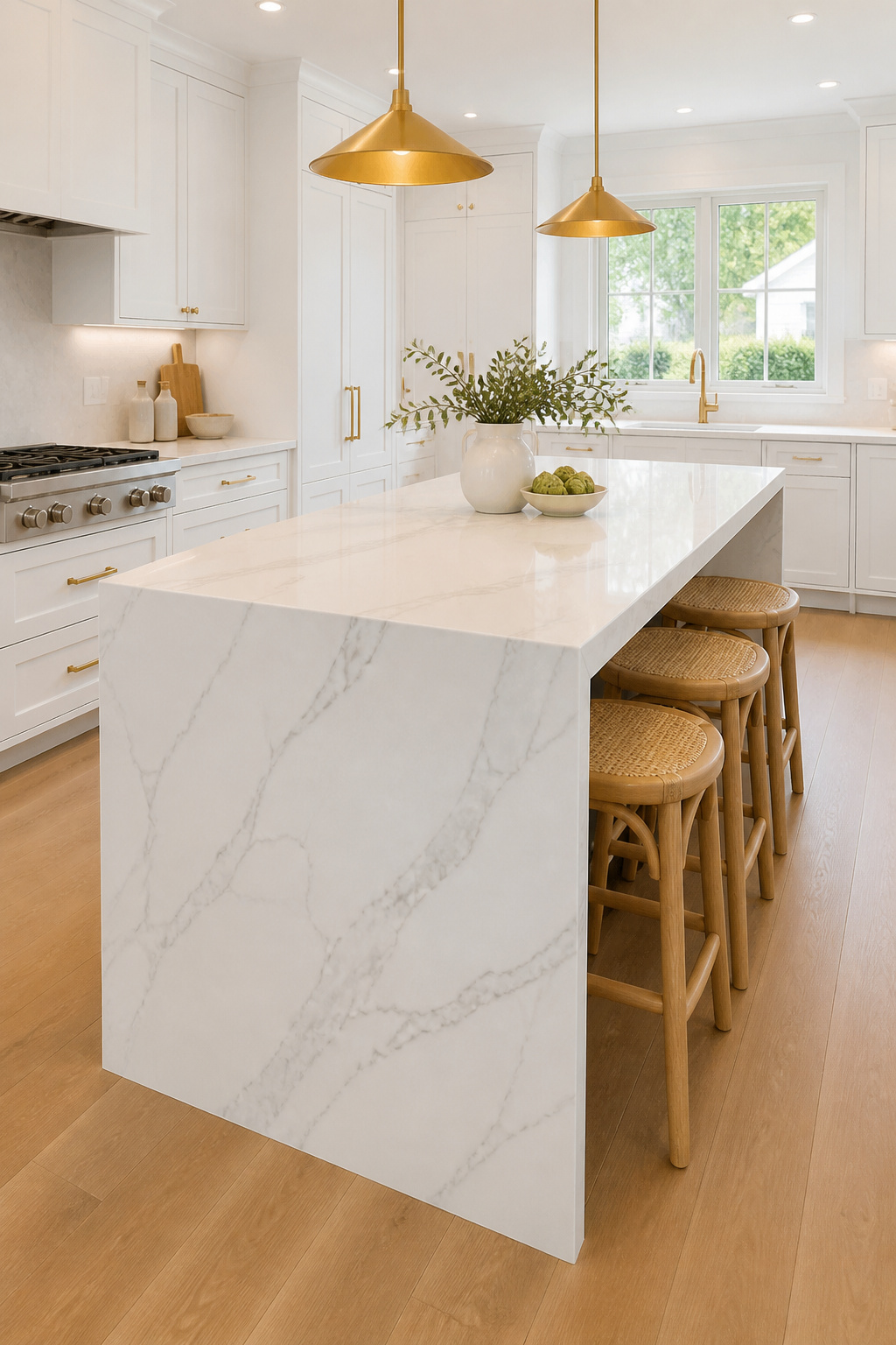 A waterfall quartz island in Calacatta pattern — among the most architectural kitchen island ideas for modern and transitional kitchens.