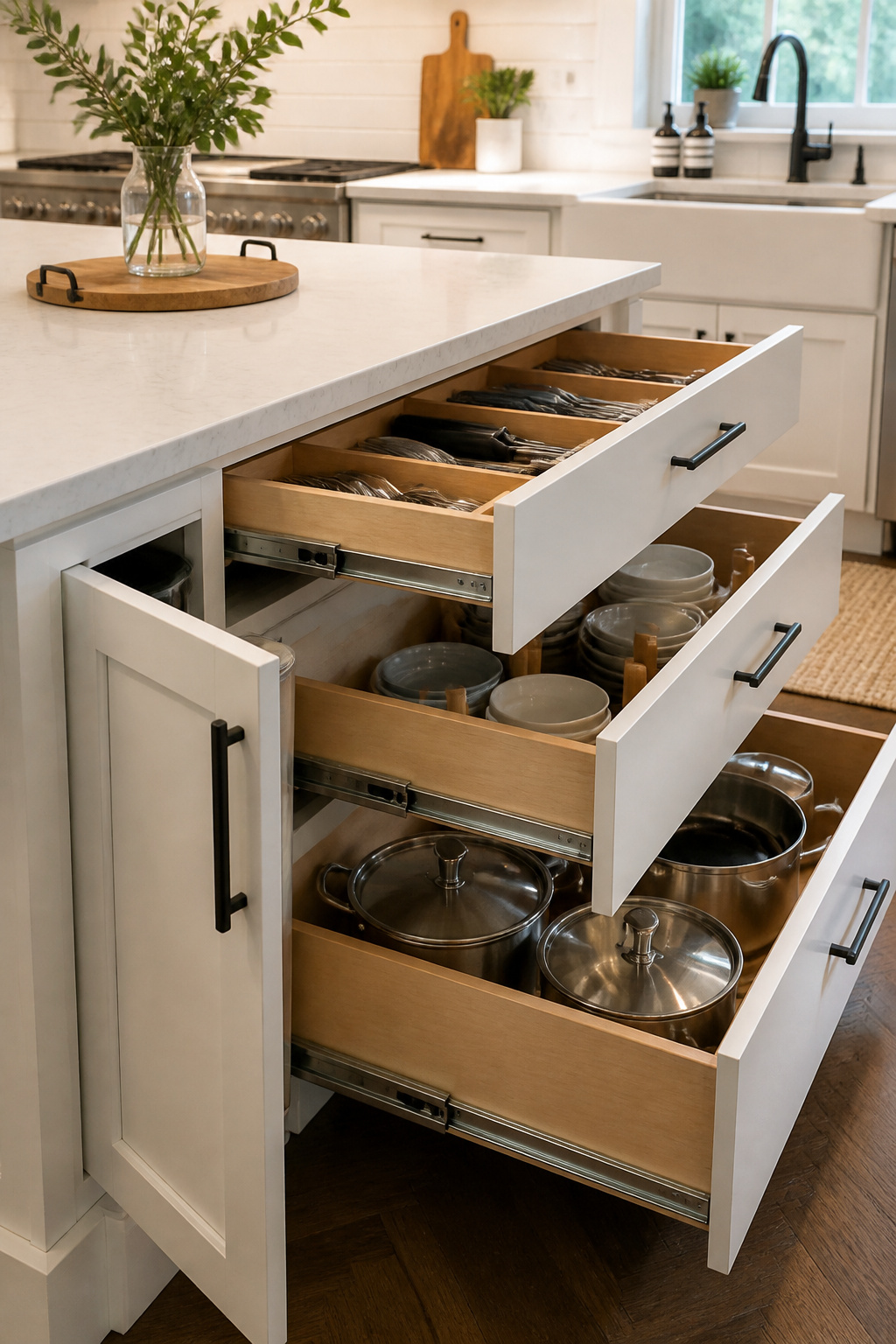 A storage-focused island with full-extension soft-close drawers — among the most functional kitchen island ideas for households that cook regularly.