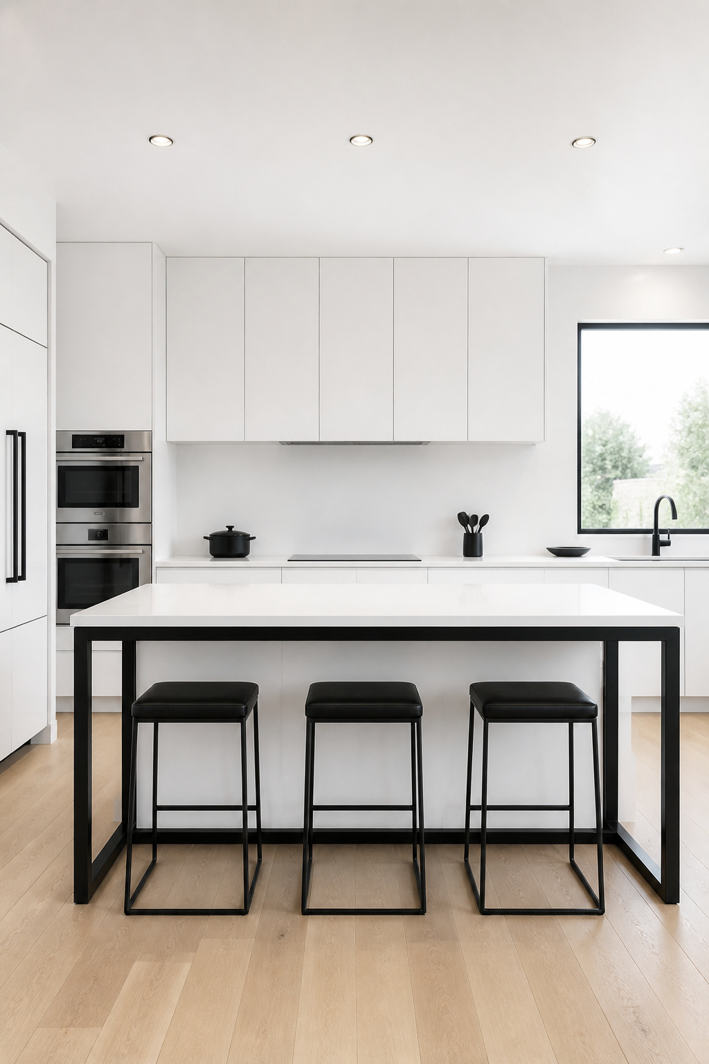 A matte black steel island with white quartz top — one of the kitchen island ideas that works best in larger kitchens with sufficient white space to balance the dark frame.