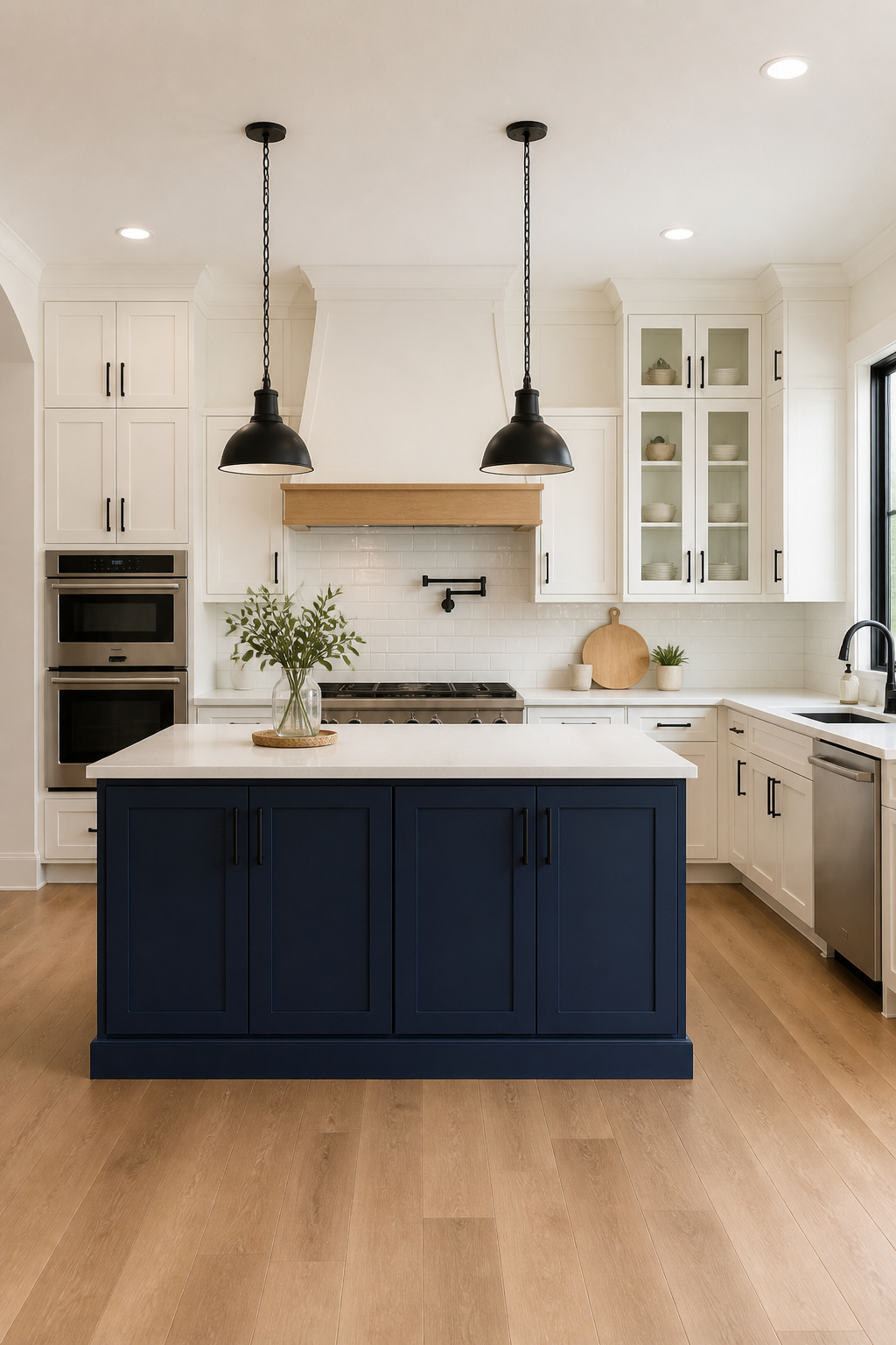 A navy island against white cabinetry is among the most impactful kitchen island ideas that require no structural changes whatsoever.