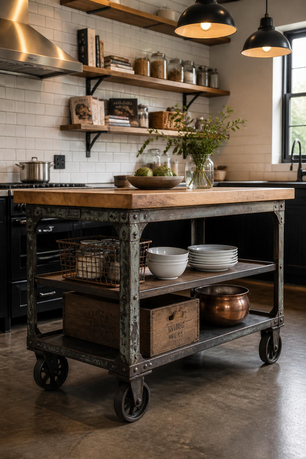 A reclaimed factory cart with a new butcher block top — one of the most characterful kitchen island ideas for industrial and eclectic kitchens.
